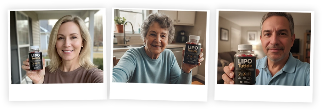 Three happy Lipotutide customers holding their bottles — verified purchasers showing real results